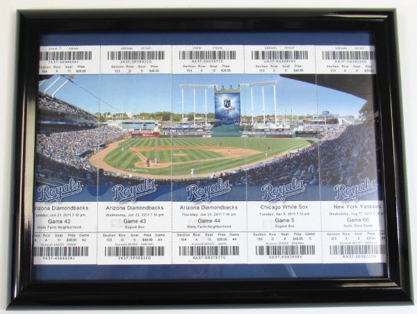 5- Framed 2011 Kansas City Royals Tickets Showing Panoramic View of Kauffman