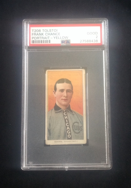 T-206 Frank Chance Yellow Portrait Tolstoi Back PSA 2