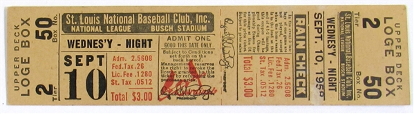 Bobby Thomson Hit #1562 Full Ticket 09/10/1958
