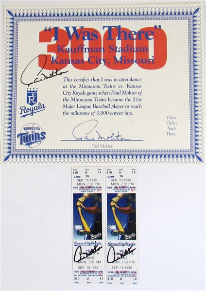 2-Paul Molitor Signed 3000th Hit Tickets & Certificate