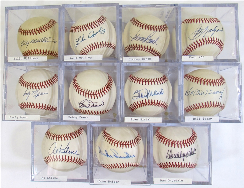 Lot Of 11 Hall Of Famers Single Signed Balls (Drysdale, Musial, Yaz, Snider, Terry, Bench, Appling,  Kaline, Wynn, B. Williams & Doerr)