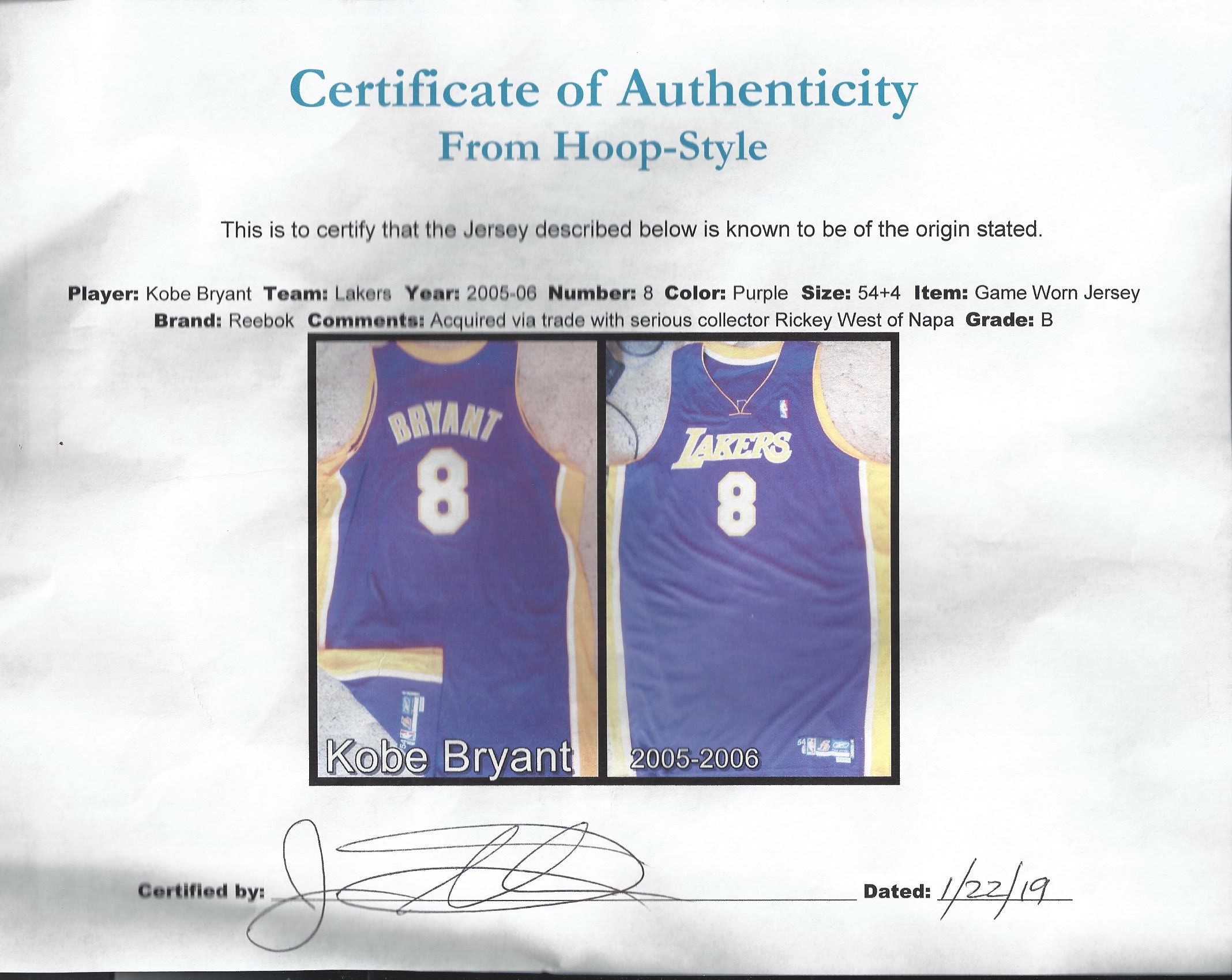 Kobe Bryant 2005-06 L.A. Lakers Game Worn Jersey 