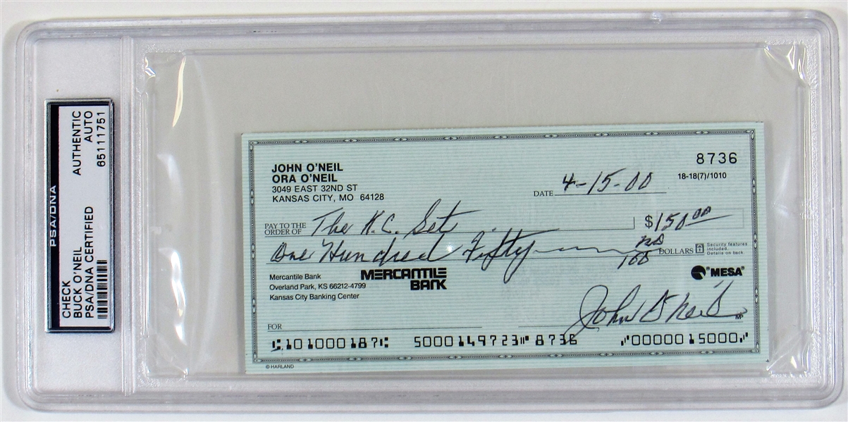 Buck ONeil Signed Check