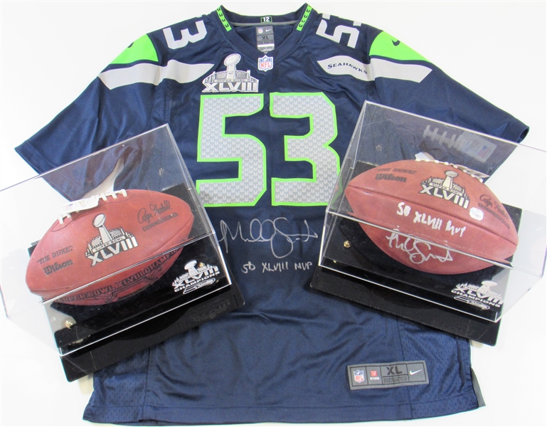 Malcolm Smith Seattle SB MVP Signed Jersey & Two Footballs One Signed.