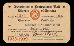 Babe Ruth Association of Professional Ball Players of America membership card
