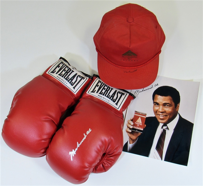 Muhammad Ali Signed Gloves, Hat, & 8x10 Photo