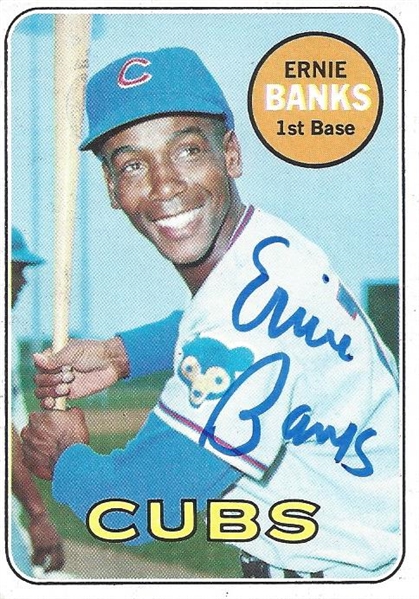 1969 Topps Ernie Banks Signed Chicago Cubs Card - JSA