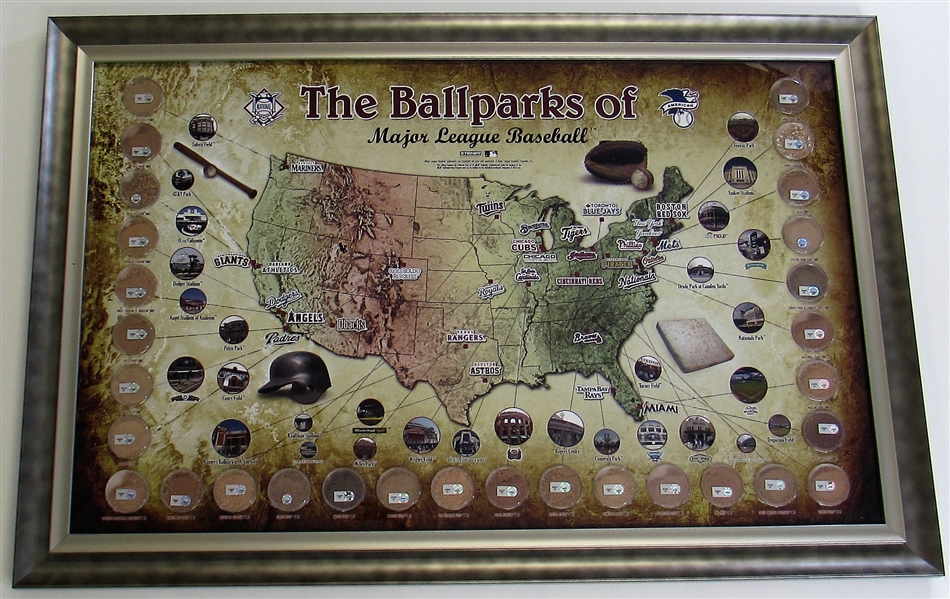 Major League Baseball Parks Map 20x32 Framed W/ GU Dirt from 30 Parks-Steiner