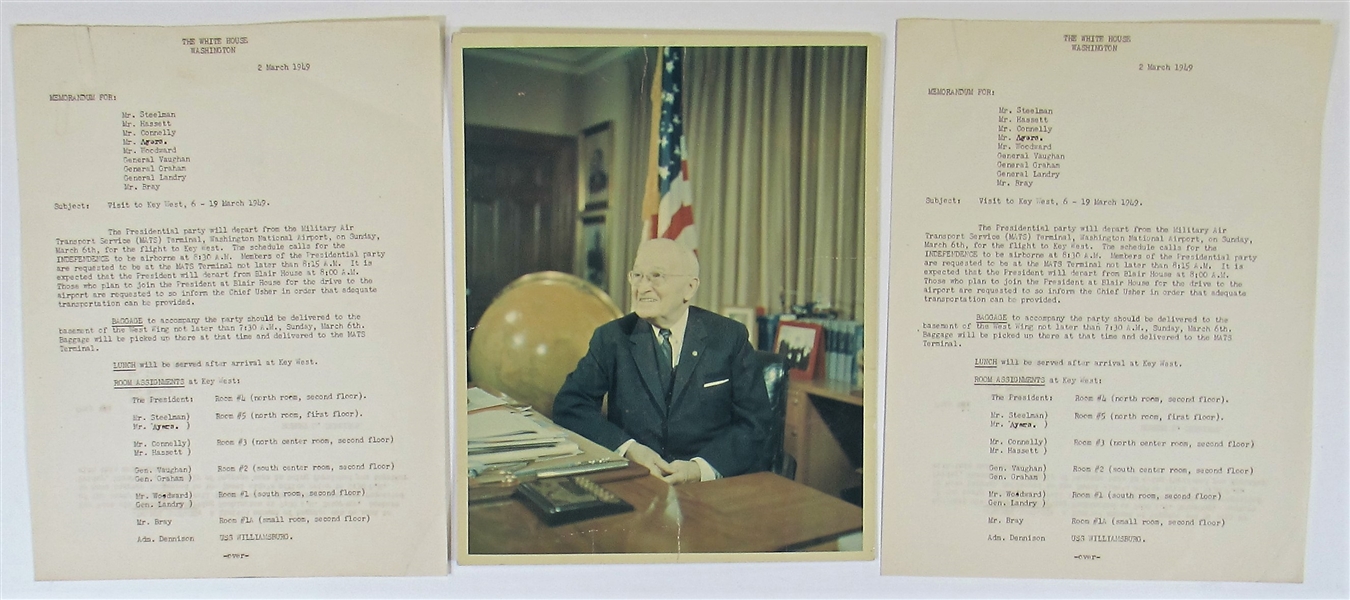 Harry S. Truman Original Photo & Travel Memorandum for Key West 1949