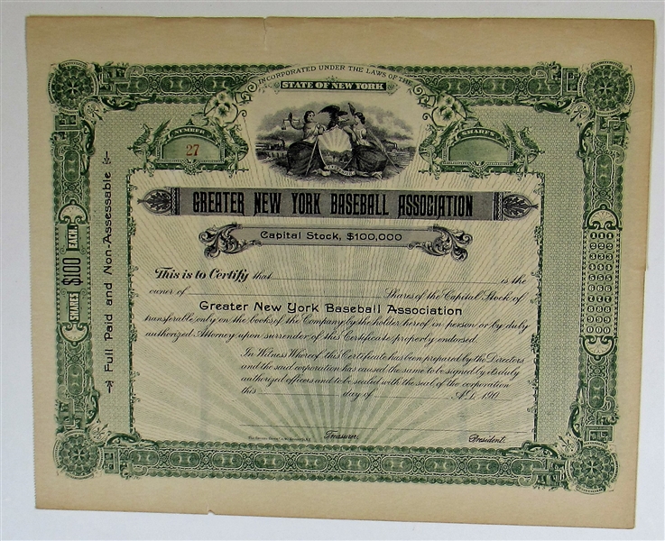 Circa 1903 Greater New York Baseball Association Highlanders/Yankees Unissued Stock Certificate