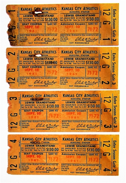 Kansas City Athletics Lot of 4 Tickets 9-10-1961