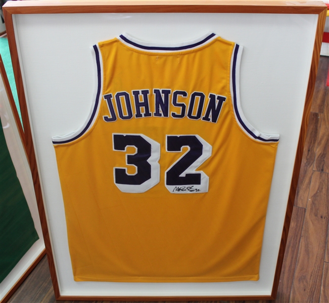 Magic Johnson Signed Framed Lakers Jersey