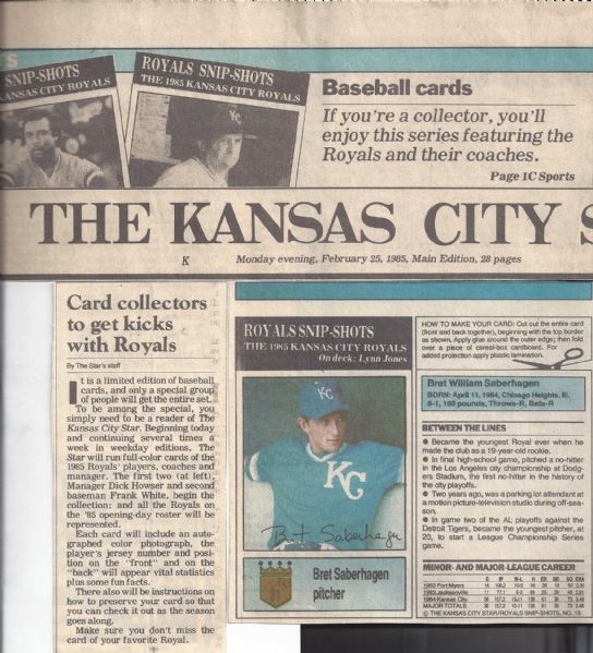 Rare 1985 Kansas City Star Kansas City Royals Baseball Card Set 