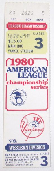 1980 ALCS Game 3 Ticket (KC Royals Vs. New York Yankees)