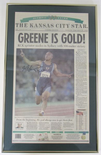 Framed Maurice Greene Signed KC Star "Greene is Gold" Newspaper