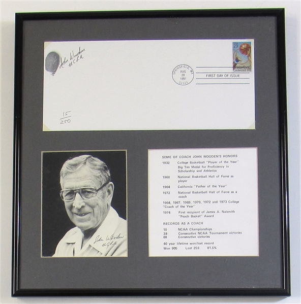 John Wooden Signed Framed 1st Day Issue Envelope W/Finger Print