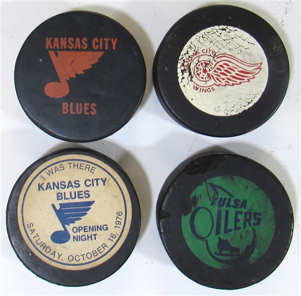 Lot Of 4 CHL Hockey Pucks Tulsa Oilers, KC Red Wings, and KC Blues x2