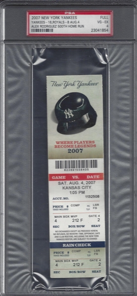 2007 Alex Rodriguez 500th Home Run Full Ticket PSA 4