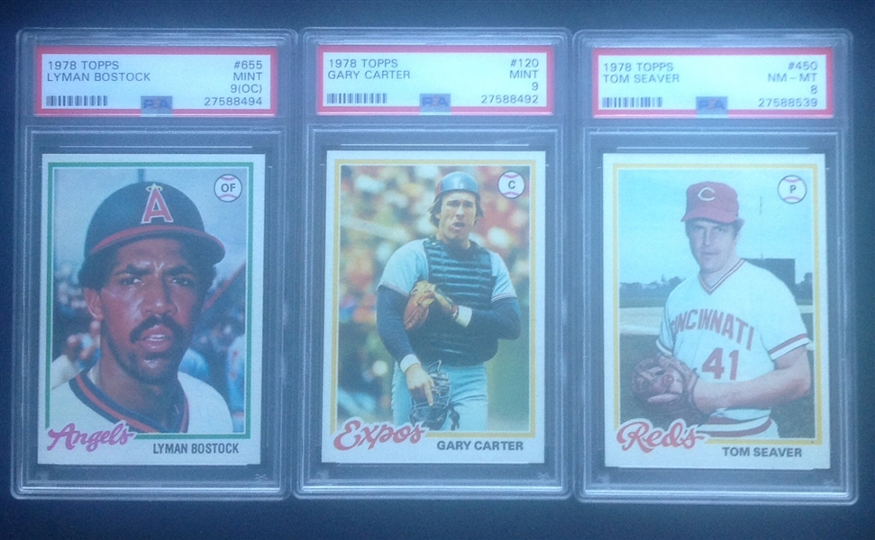 Lot of 3 1978 Topps T.Seaver PSA 8, G.Carter PSA 9, & L.Bostock PSA 9OC