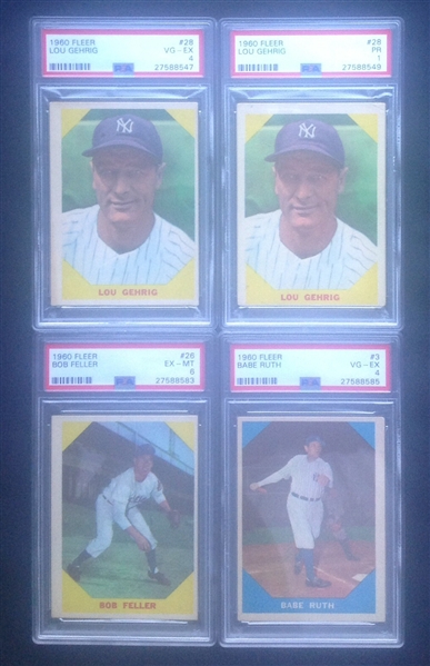 Lot of 4-1960 Fleer cards 2-Gehrig PSA 1 & 4, Ruth PSA 4, & Feller PSA 6