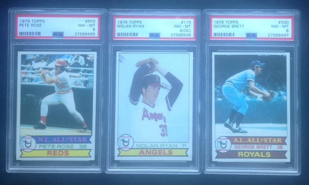 Lot of 3-1979 Topps Ryan, Rose, & Brett all PSA 8