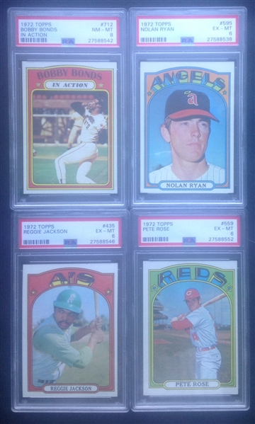 Lot of 4-1972 Topps Rose PSA 6, Jackson PSA 6, Ryan PSA 6, & Bonds IA PSA 8