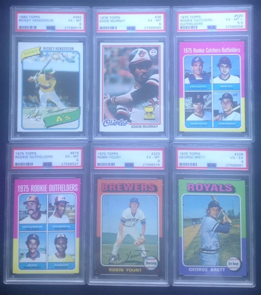 Lot of 6 Hall of Fame Rookie Cards (Brett, Yount, Rice, Carter, Murray, & Henderson)