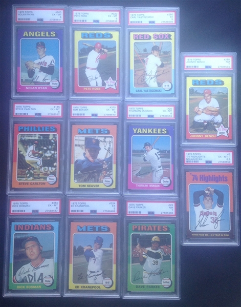 Lot of 11 1975 Topps PSA (Ryan HL, Bench, Yaz, Rose, Ryan, Munson, Seaver, Carlton, Parker, Kranepool, and Bosman