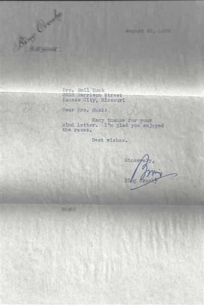 Bing Crosby Signed Letter W/Envelope