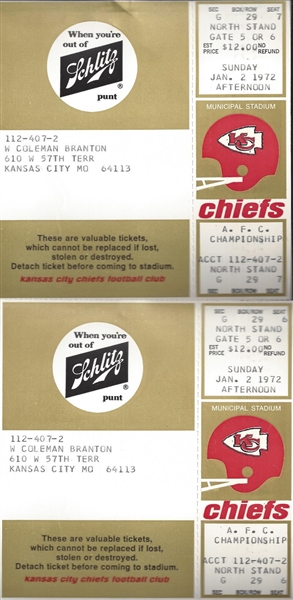 Lot Of 2 1972 AFC Championship Game KC Chiefs Phantom Tickets