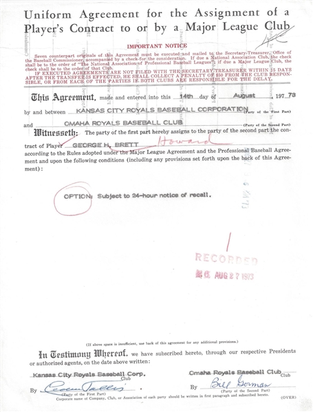 1973 George Brett Omaha Royals Contract