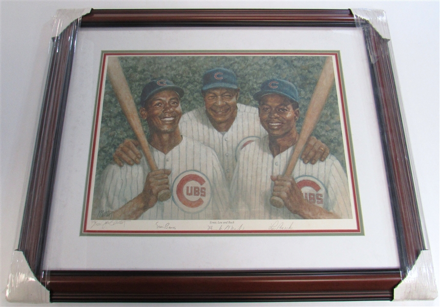 Ernie Banks, Lou Brock, & Buck ONeil Framed Signed Print
