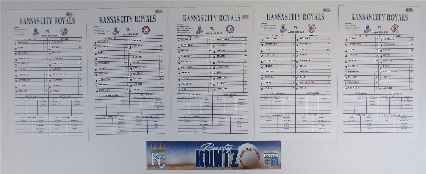 Lot Of 5 2016 KC Royals Line-Up Cards & 1-2017 Rusty Kuntz Locker Room Nameplate)