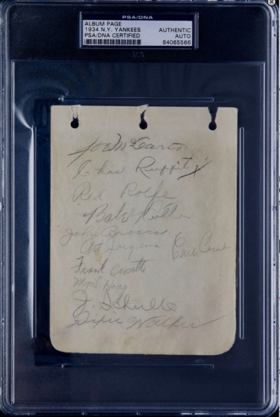 1934 NY Yankees Team Signed Album Page W/ Babe Ruth