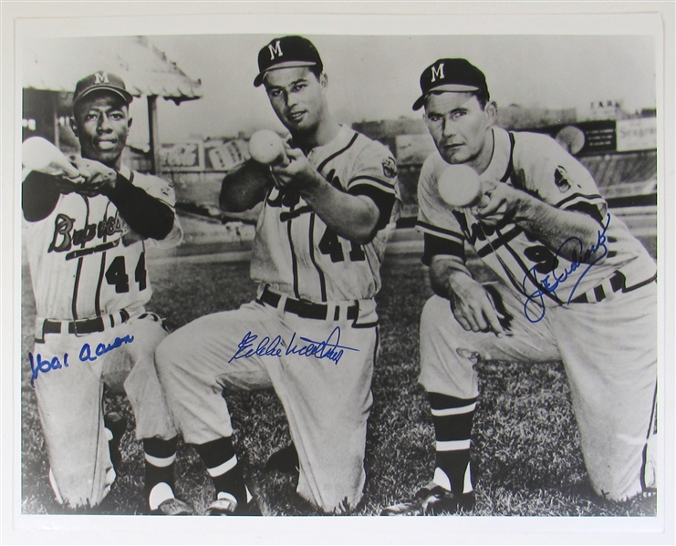 16x20 Hank Aaron, Eddie Mathews, & Joe Adcock Signed Photo