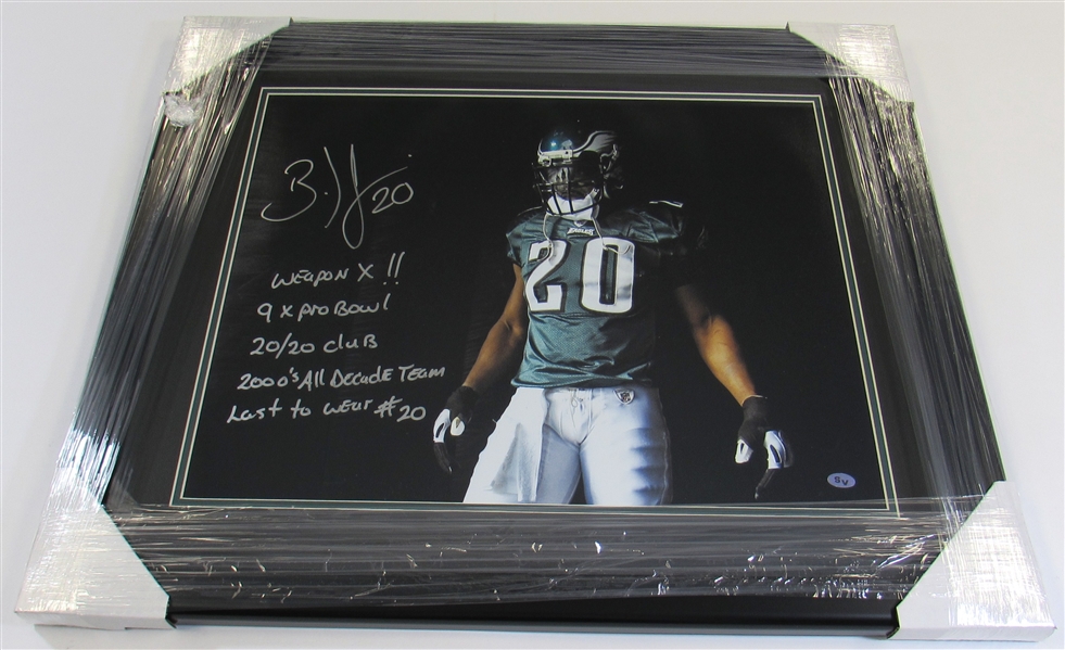 Signed Brian Dawkins Framed Photo w/Inscriptions