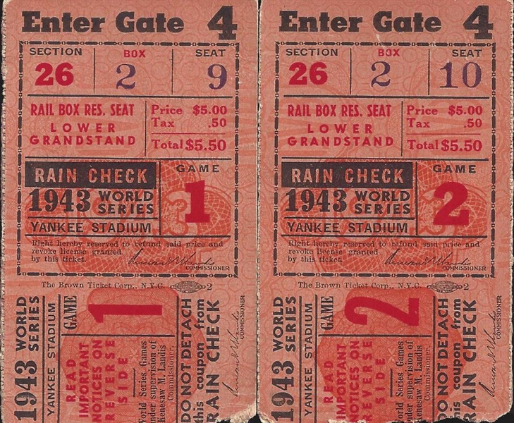 Lot Of 2-1943 World Series Ticket Stubs (GM 1 & 2)