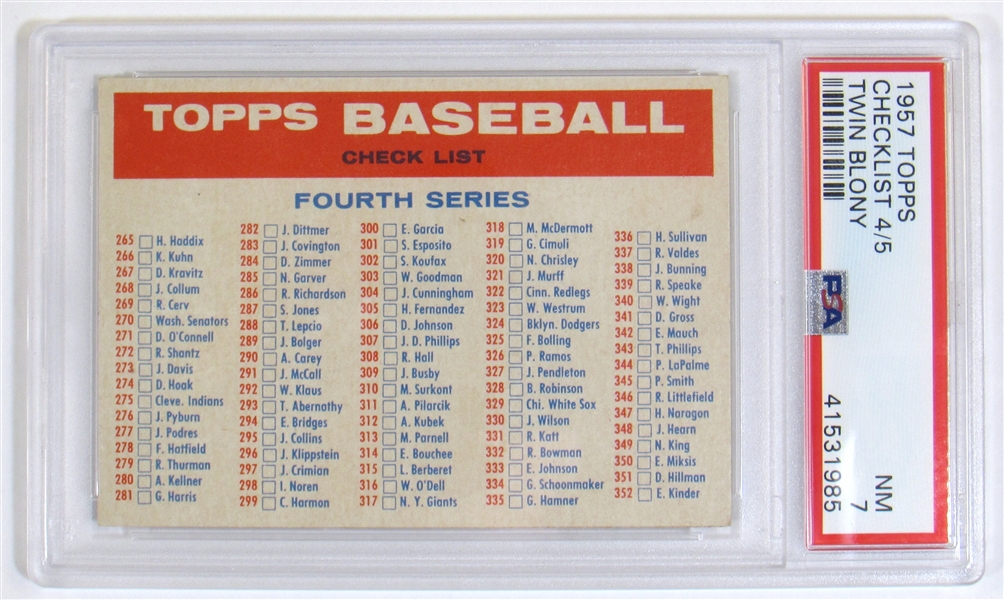 1957 Topps Baseball Checklist 4/5 Twin Blony PSA 7
