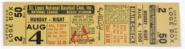 Stan Musial Hit #3072 & 3073 Full Ticket 08/4/1958