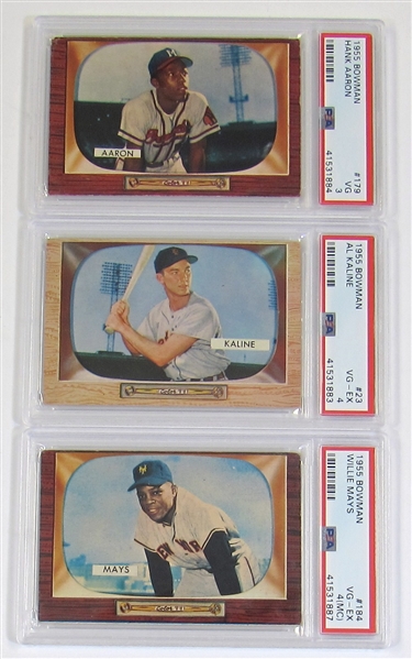 Lot Of 3- 1955 Bowman PSA Cards (Kaline, Mays, & Aaron)