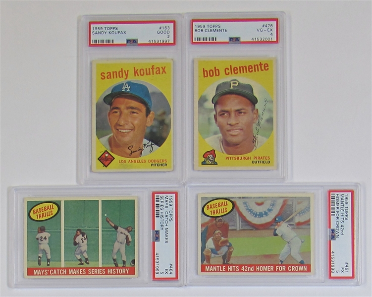 Lot Of 4- 1959 Topps Cards PSA (Koufax, Clemente, Mantle Thrills, & Mays Thrills)