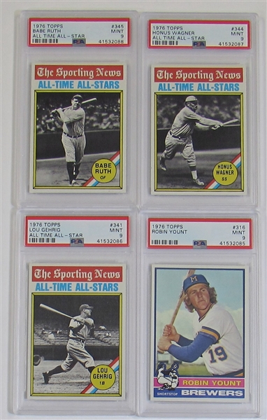 Lot Of 4 -1976 Topps PSA 9 (Yount, Wagner, Gehrig, & Ruth)