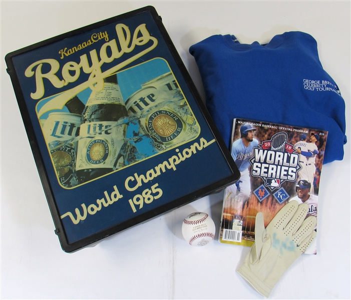 Lot Of K.C. Royals Items (85 WS Beer Light, Signed Brett Glove, 2015 WS Ball, ETC)