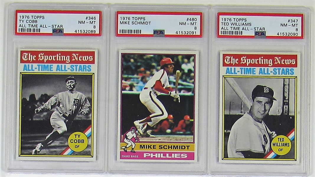 Lot Of 3- 1976 Topps (Cobb PSA 8, T. Williams PSA 8, & Schmidt PSA 8)