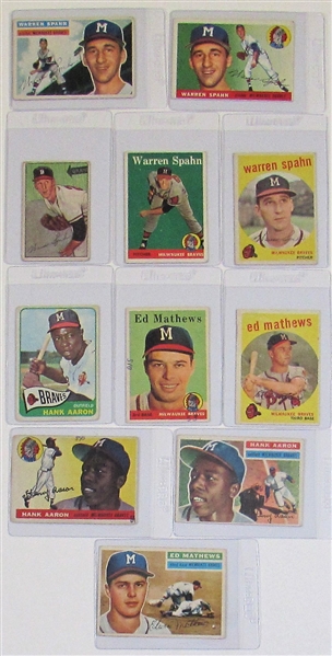 Lot Of 11 Milwaukee Braves Cards (Aaron, Spahn, and Mathews)