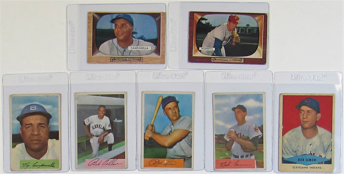 Lot Of 7-1950s Hofers Baseball Cards (Campanella, Feller, Kiner, Lemon & Roberts)