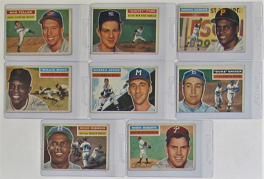 Lot Of 8-1956 Topps Baseball Hofers (Mays, Robinson, Clemente, Ford, Feller, Snider, Spahn, & Roberts)