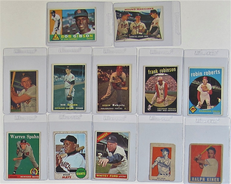 Lot Of 12- Hofers Baseball Cards (Gibson, Mays, Kiner, Roberts, Robinson, Spahn , Ford, & Lemon)