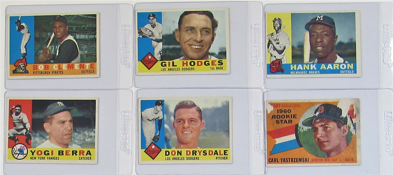 Lot Of 6-1960 Topps W/Hofers Cards (Yaz,Clemente,Berra, Aaron, Drysdale, & Hodges)
