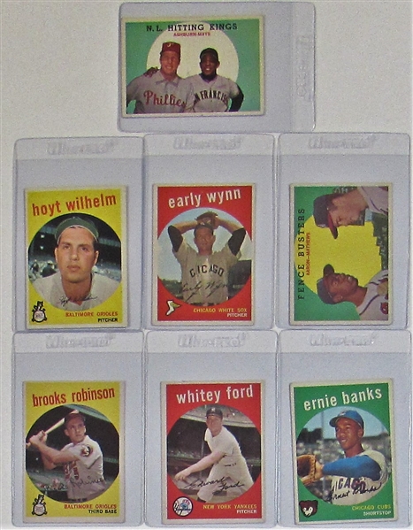 Lot Of 7-1959 Topps Hofers Baseball Cards (Banks, Robinson, Ford, Wynn, Etc)
